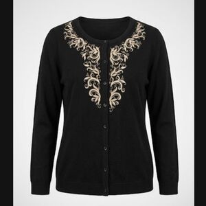 Vintage Style Laura Scott Embroidered Black Knit Cardigan Gold Vine